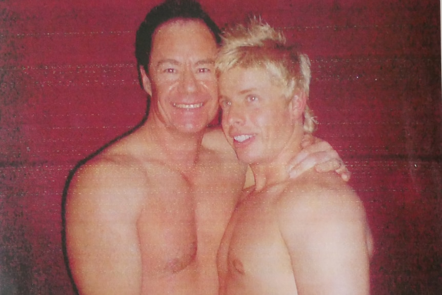 Picture of missing man Matthew Leveson and his partner Michael Atkins, both topless.