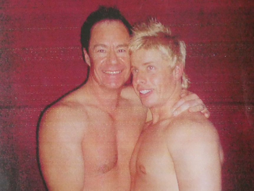 Picture of missing man Matthew Leveson and his partner Michael Atkins, both topless.