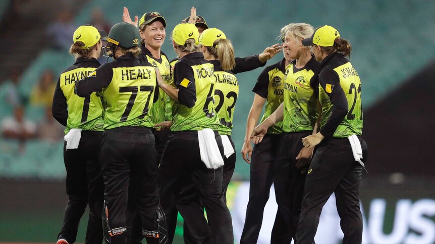 Australian women's cricketers high five after a wicket in the T20 World Cup semi-final.