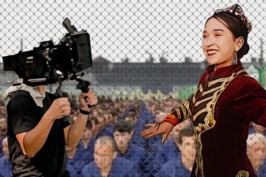 Graphic collage of female Uyghur being filmed dancing infront of detained Uyghur men