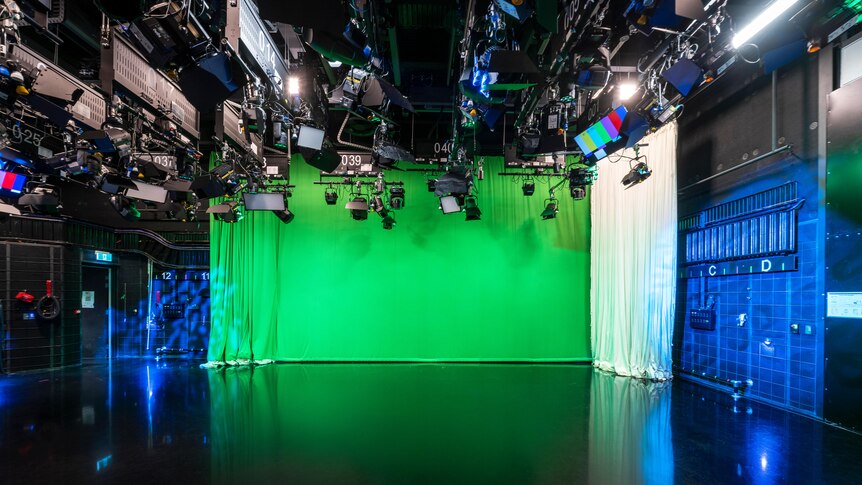 Studio with green screen and cameras