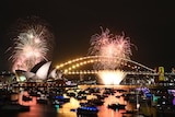 A spectacular view of Sydney Harbour shows the Opera House and Harbour Bridge illuminated by golden fireworks.
