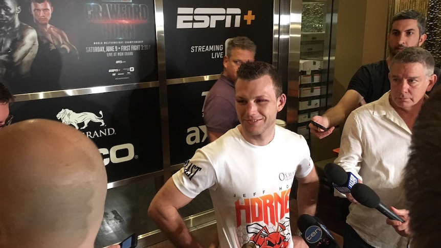 Australian boxer Jeff Horn speaks to the media the morning after his fight with Terence Crawford.