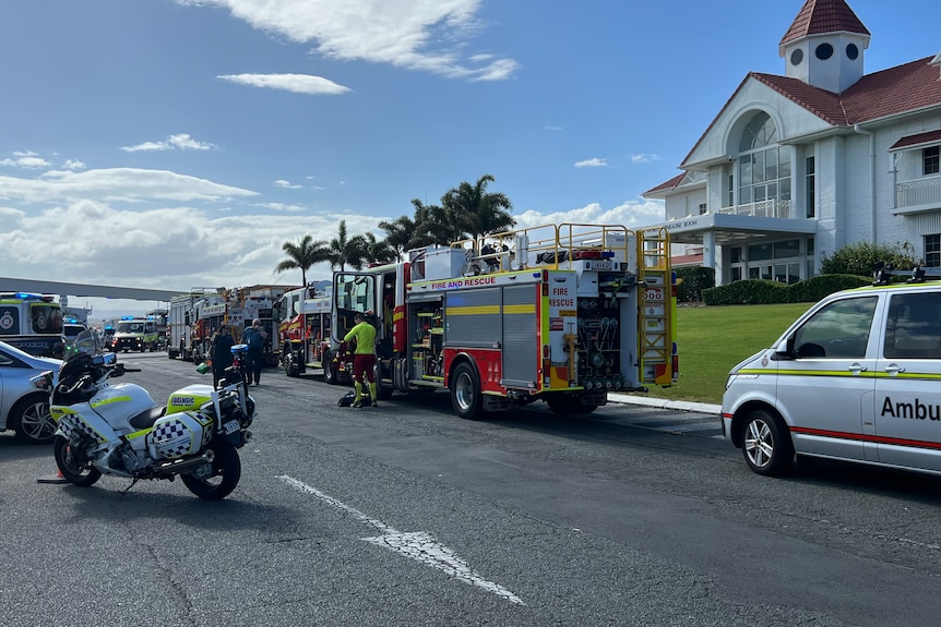 Fire trucks and motorbikes outside Sea World.