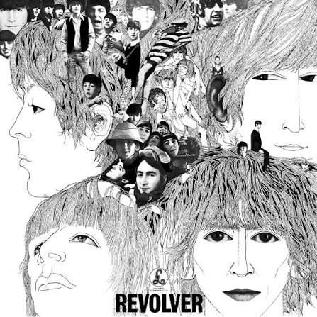 The album cover of Revolver is a collage featuring photos of The Beatles amid line drawings of their faces