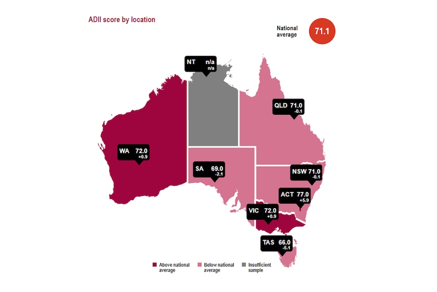 A map of Australia showing different numbers for each state and territory.