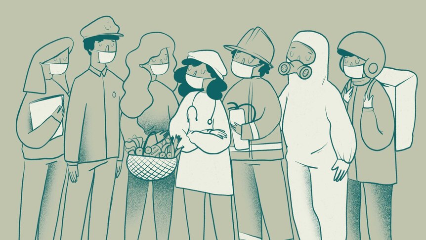 An illustration of doctors, firefighters and other workers wearing masks.