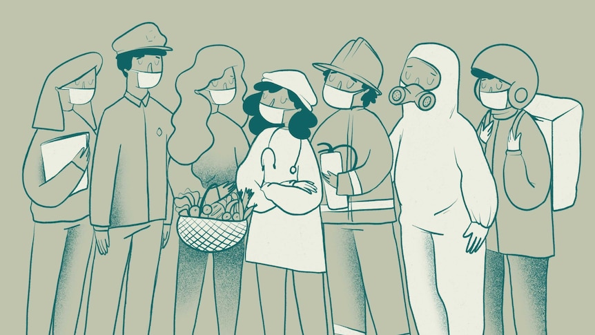 An illustration of doctors, firefighters and other workers wearing masks.
