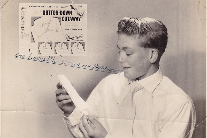 A vintage black and white photo of a young man from the 1950s modelling for a clothing advertisement. 