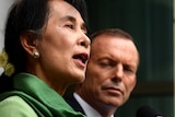 Tony Abbott and Aung San Suu Kyi speak in Canberra.