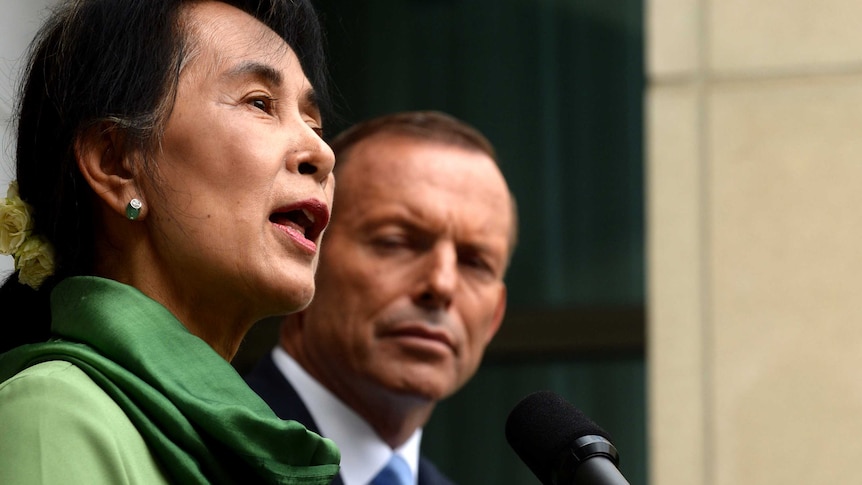 Tony Abbott and Aung San Suu Kyi speak in Canberra.
