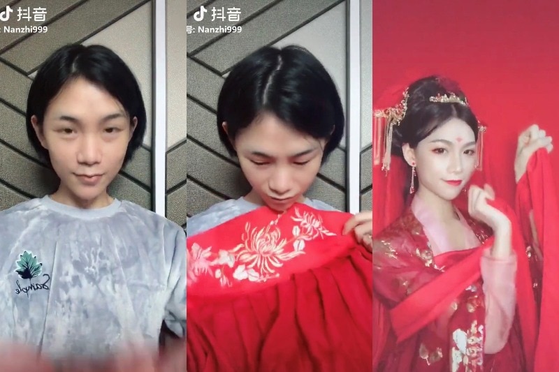 Three composite images of a slim Chinese man transforming into an elaborate Chinese woman in traditional dress.