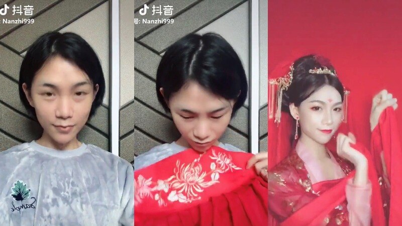 Three composite images of a slim Chinese man transforming into an elaborate Chinese woman in traditional dress.