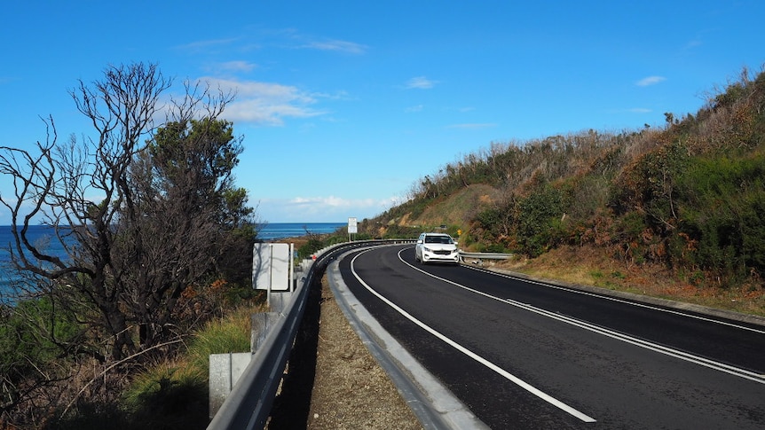 A white car drives along a windy road beside the ocean.