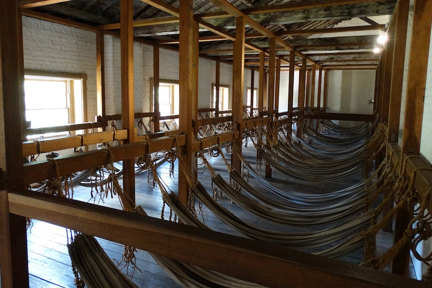 Hammocks in the convicts' barracks at Hyde Park Barracks Museum, Sydney.