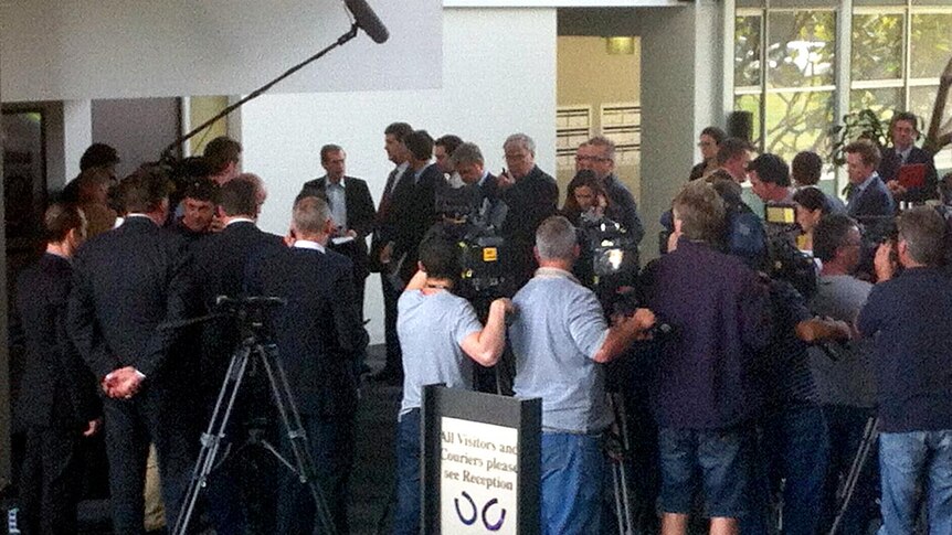 The media gather at Racing Victoria's headquarters at Flemington.