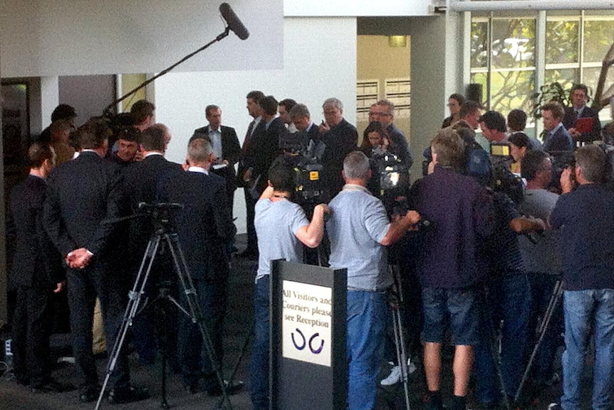 The media gather at Racing Victoria's headquarters at Flemington.