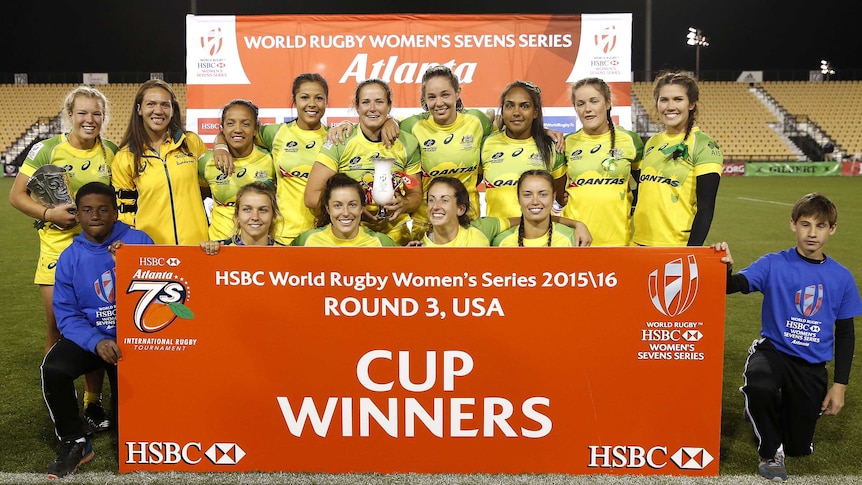 Australia's women's sevens side celebrates the Atlanta 7s title
