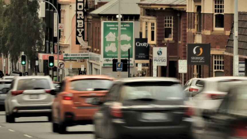 Cars travelling down Macquarie Street, Hobart, December 2019.