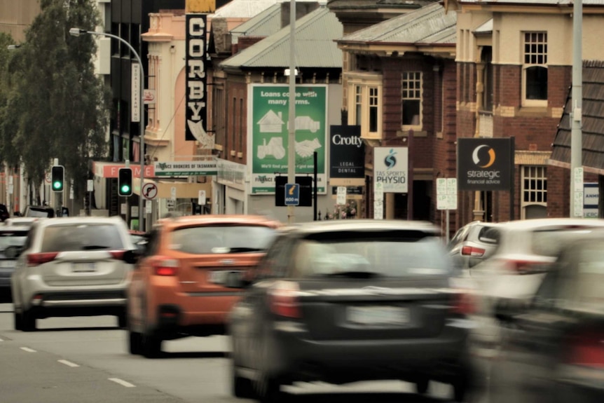 Cars travelling down Macquarie Street, Hobart, December 2019.