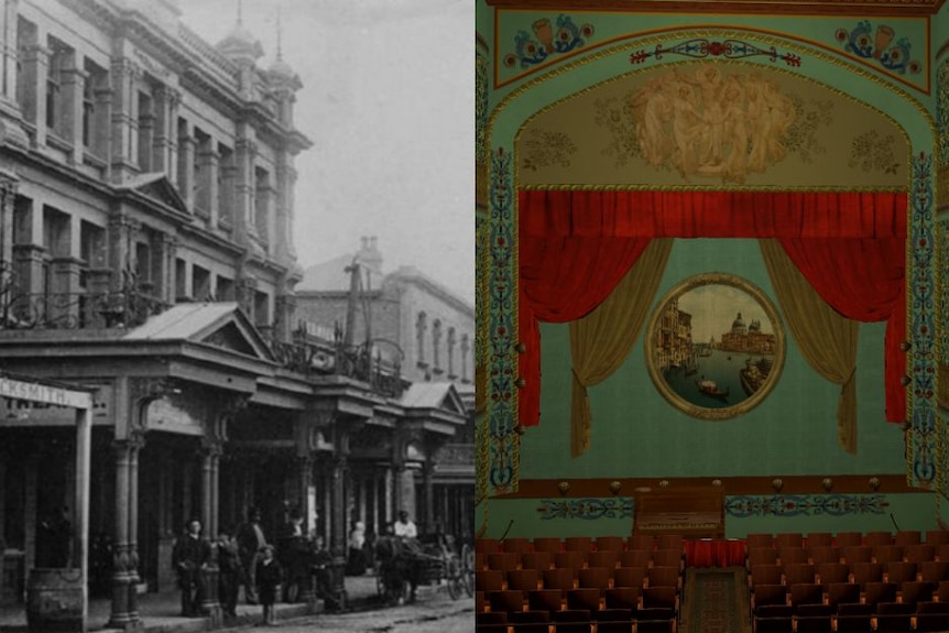 An old black and white photo of the front of a theatre and a computerised version of the same theatre