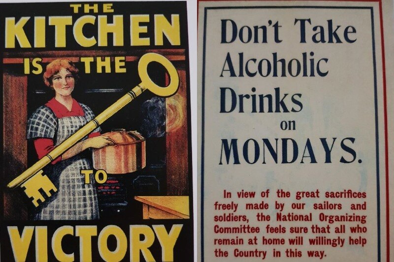One poster says 'The kitchen is the key to victory' and 'don't take alcoholic drinks on Mondays.'