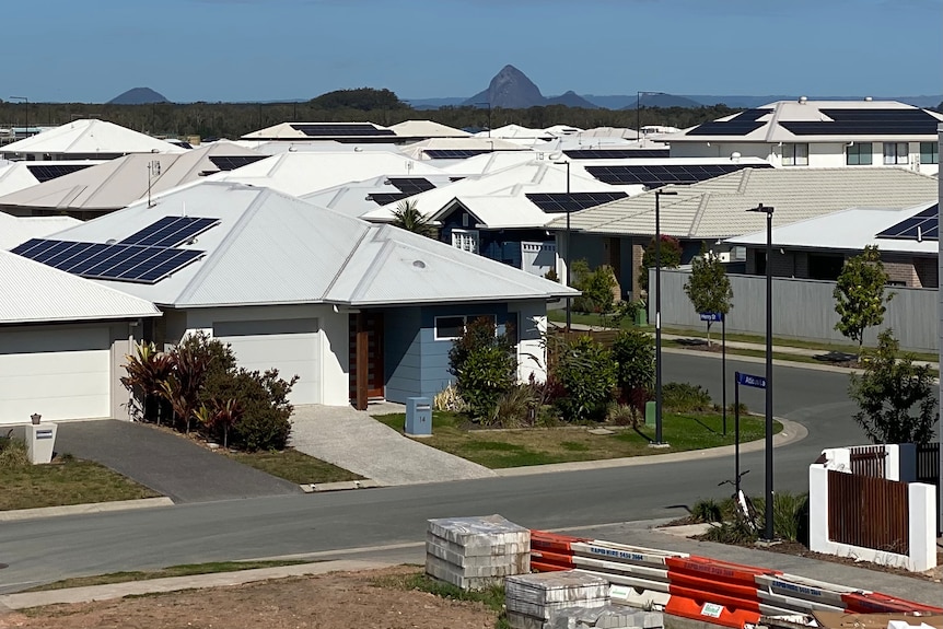 A high-up view of a housing estate, with mountain in background