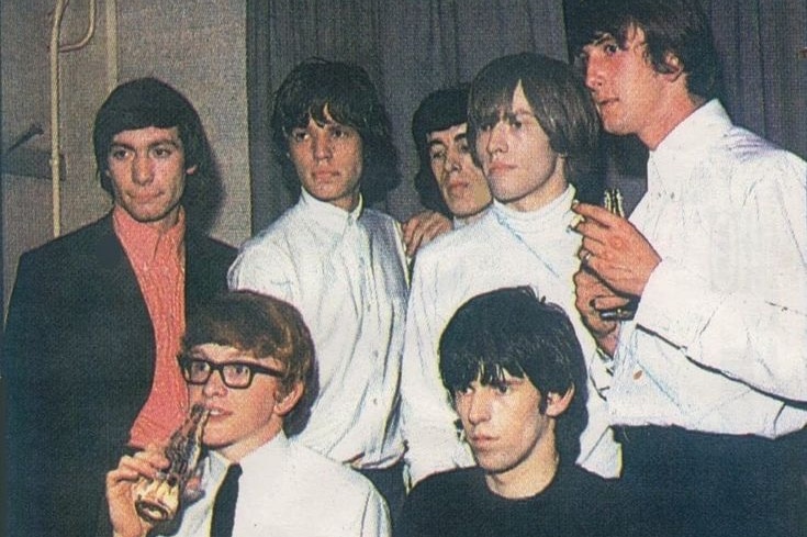 A early colour photo of The Rolling Stones with Gordon Waller and Peter Asher.