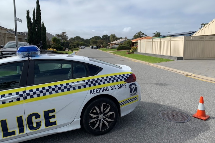 A police car parked on the road in front of a house