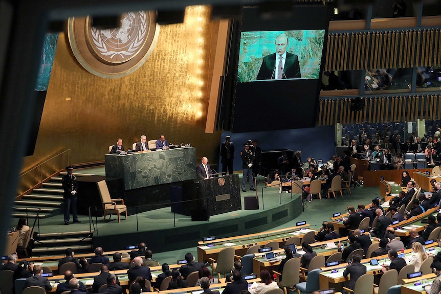 Russian president Vladimir Putin addresses the United Nations General Assembly