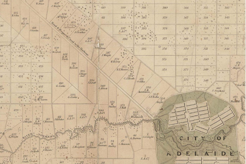An 1839 map showing a proposed canal to Port Adelaide