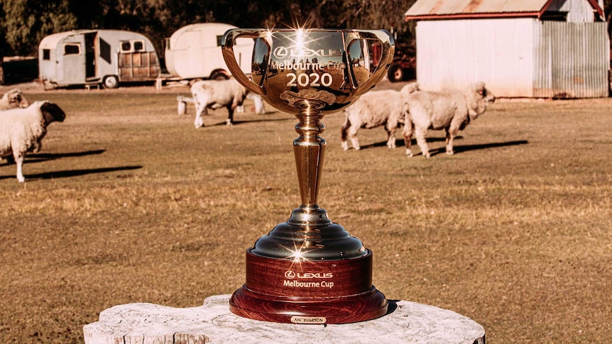 A sepia style photo of the 2020 Melbourne Cup on a log in a field of sheep and old caravans. Sep 2020