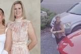 A split image showing a smiling, blonde woman in a formal dress. She is also shown near a car in a driveway.