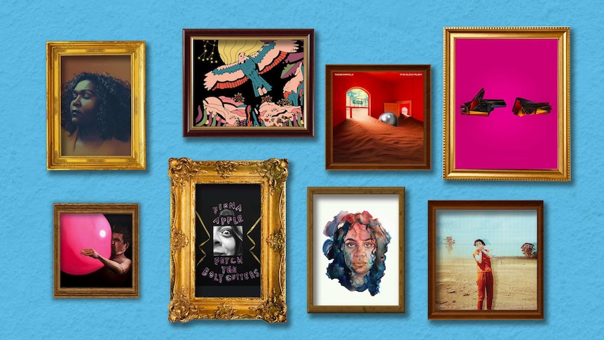 framed album covers against bright blue background. including Run The Jewels, Khruangbin, Tame Impala, Miiesha, Gordi and more