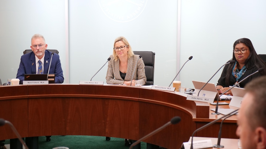 Three politicians sitting in an inquiry.