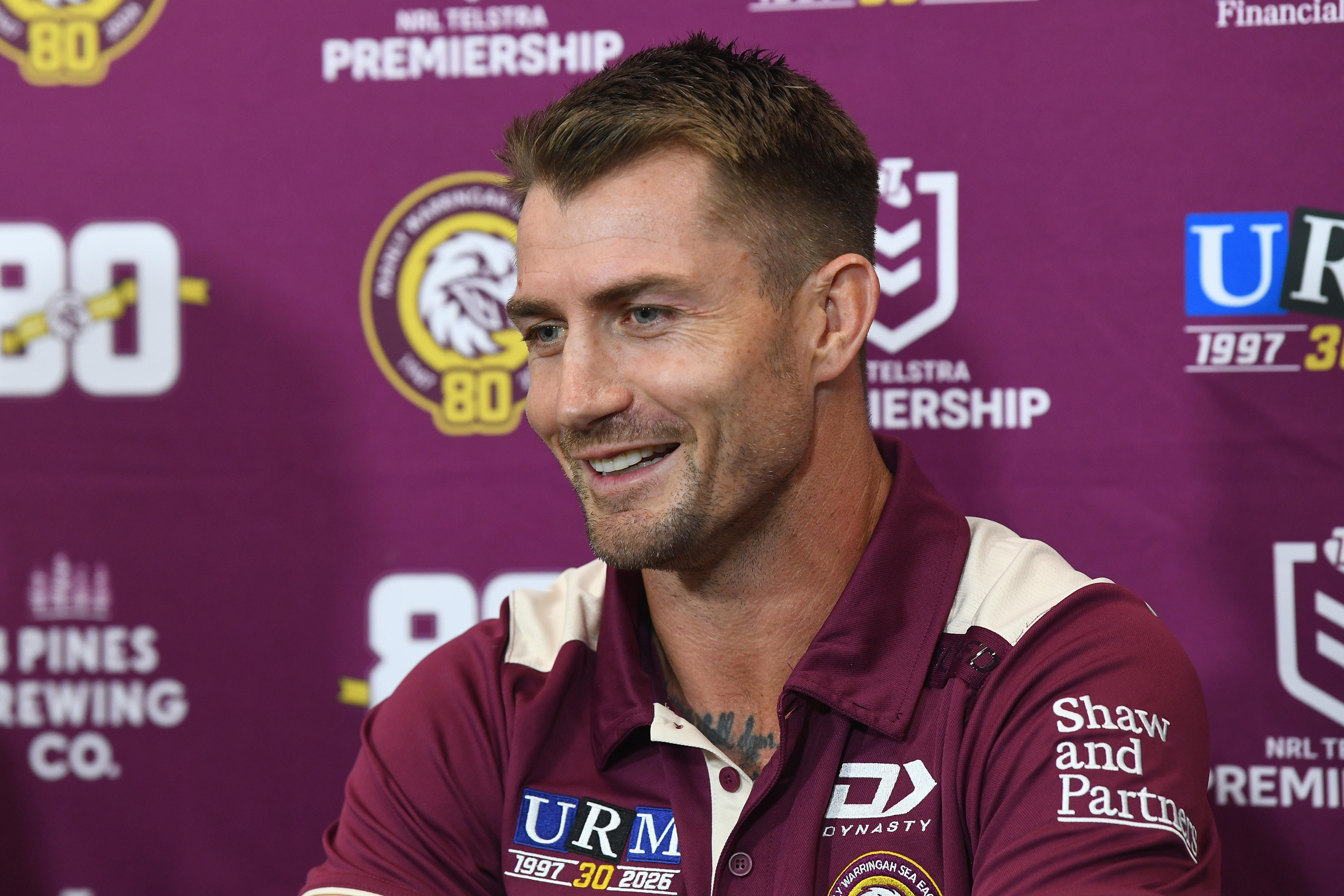 Kieran Foran smiles at a post-match media conference after Manly's NRL win over the Dolphins.