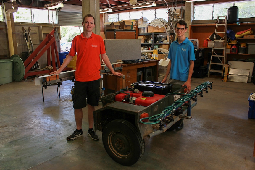 Alex Olsen and Jake Wood with their automated weed spraying robot