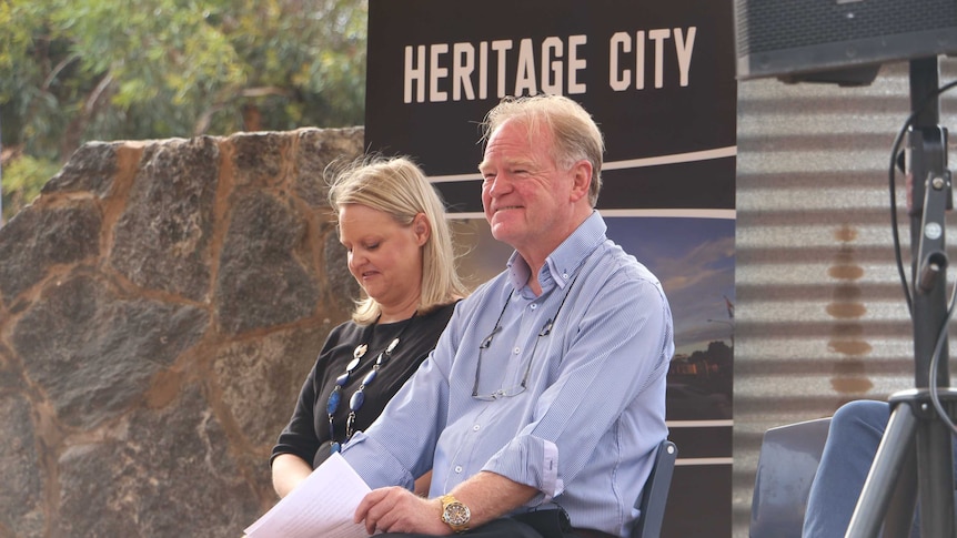Broken Hill City Council's Sharon Hutch and Wincen Cuy at the announcement of a donation by BHP Billiton to the city.