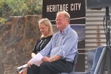 Broken Hill City Council's Sharon Hutch and Wincen Cuy at the announcement of a donation by BHP Billiton to the city.