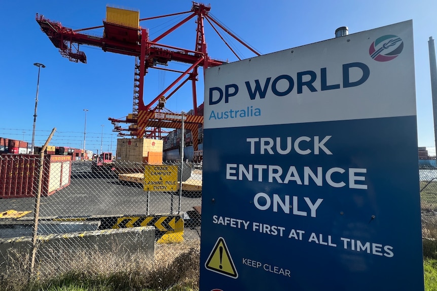 Grúas de envío al fondo, cartel de DP World que dice sólo entrada para camiones