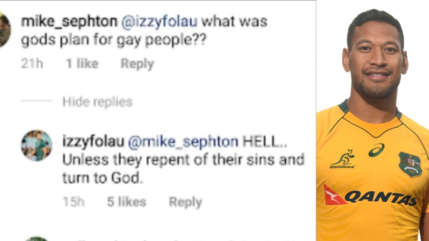 An Instagram comment that reads "HELL. Unless they repent of their sins and turn to God." and a man looking at the camera.