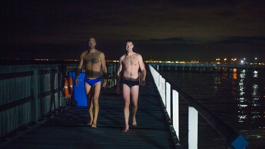 Former St Kilda players Stewart Loewe and Max Hudghton are among the earliest to head out for a winter dip.