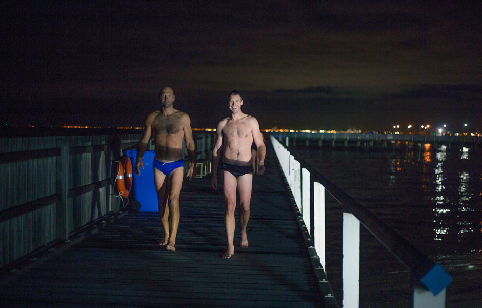 Former St Kilda players Stewart Loewe and Max Hudghton are among the earliest to head out for a winter dip.