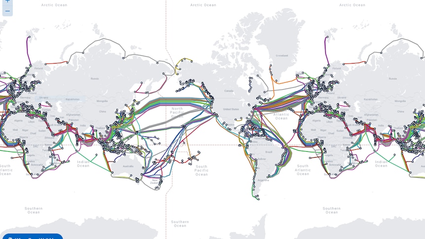 world map showing different coloured lines linking countries across oceans