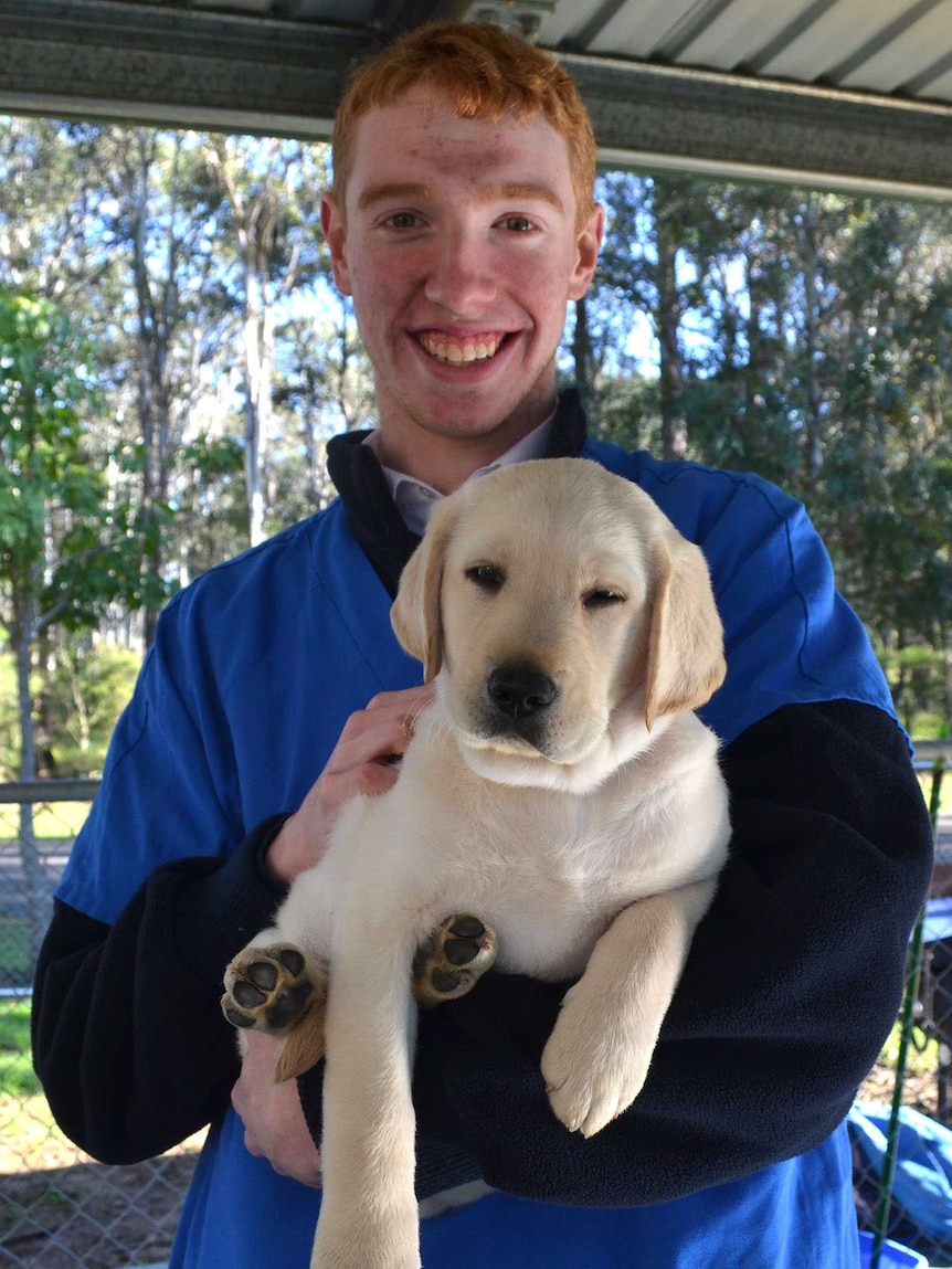 CJ Whitney carries a guide dog puppy