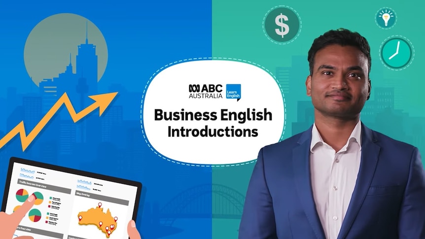 A photo of a man introducing Business English language lessons.