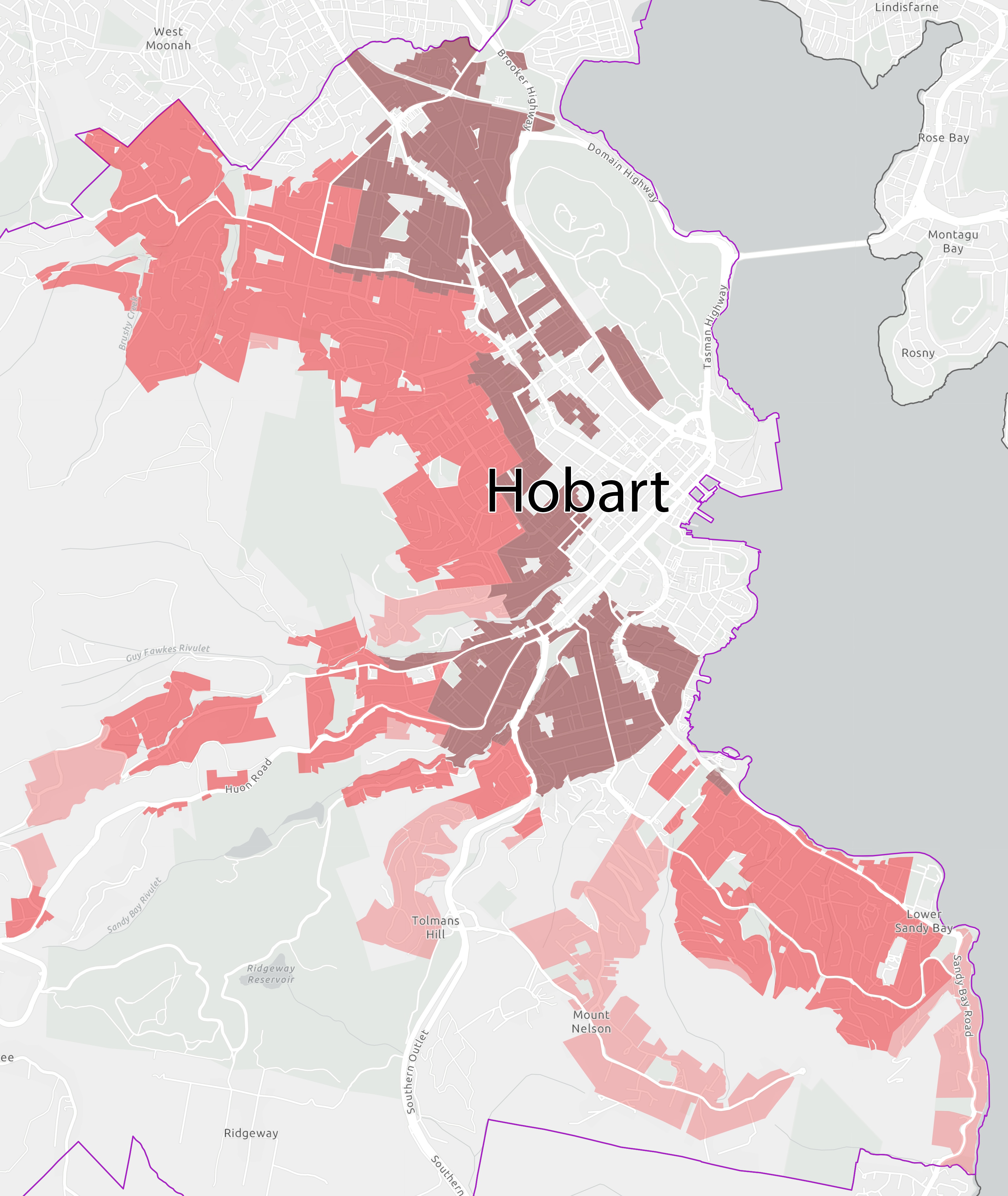 A map of Hobart showing most of the area highlighted in red.