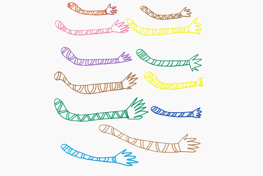 A felt-tip pen drawing of twelve arm-like shapes. Each is a different colour.