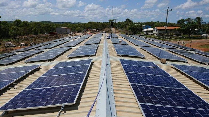 Solar energy panels on roof of building at Lockhart River.