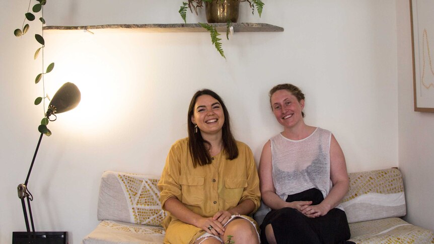 Clare Davidson and architect Emerald Wise inside the tiny apartment